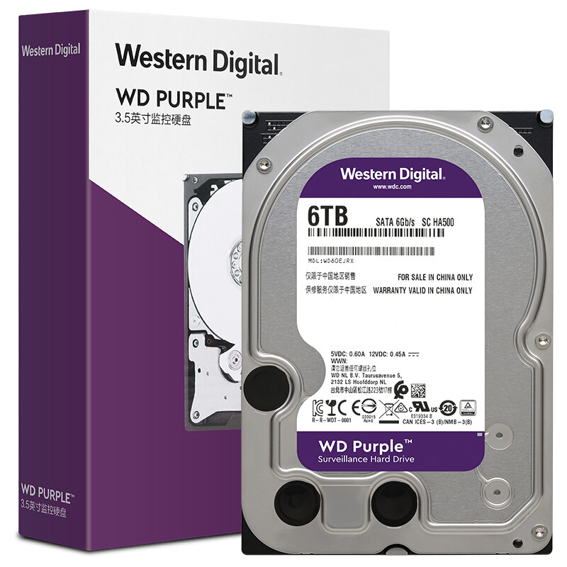 西部数据(WD)紫盘 6TB SATA6Gb/s 64M 监控硬盘(WD60EJRX)