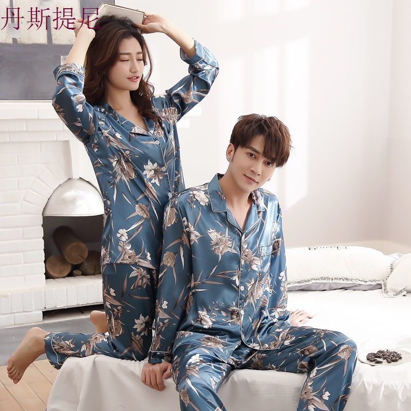秋季情侣丝绸睡衣女夏季长袖薄款冰丝套装开衫男士大码家居服春季
