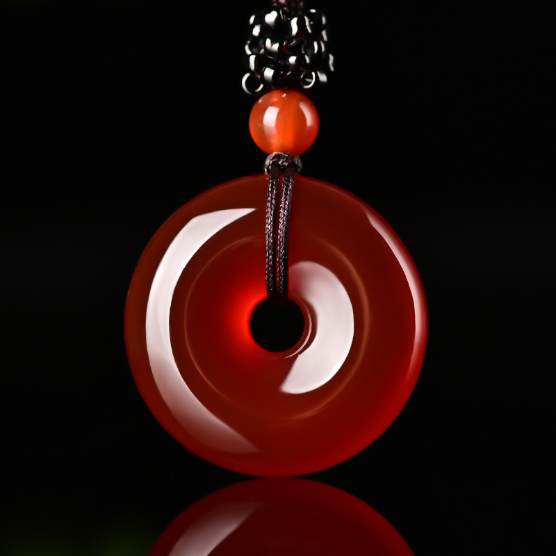 天然红玉髓玛瑙平安扣吊坠男女款双貔貅平安扣项链玉石毛衣链挂件红