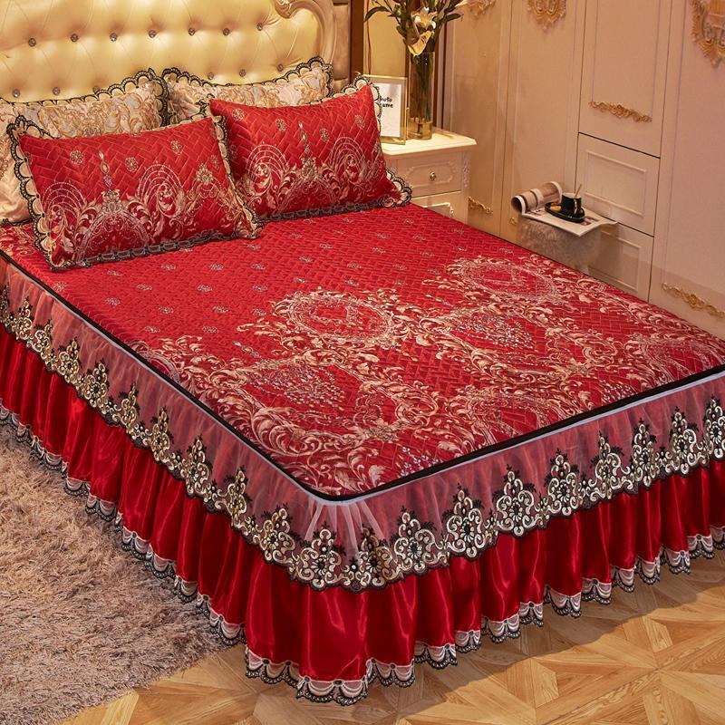 美帮汇床裙冰丝凉席三件套1.8m床折叠夏天空调席可水机洗床笠床罩软席子 MY:喜结良缘 1.8*2.2m床