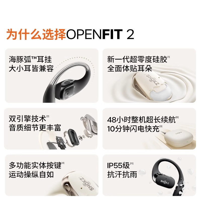 韶音(SHOKZ)OpenFit 2 T920新一代舒适圈开放式耳机挂耳式蓝牙耳机非骨传导舒适佩戴 羊毛白