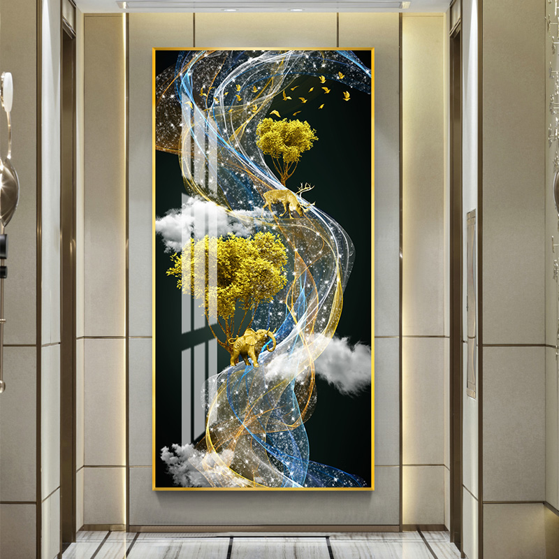 轻奢挂画玄关装饰画竖版入户晶瓷画风水走廊过道 鹿引金道 60*120cm晶瓷画(晶瓷工艺+金属框)统一发金色边框(需高清大图