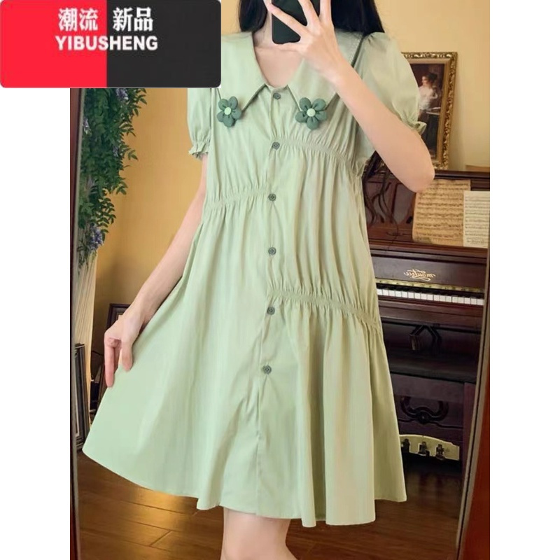 YIBUSHENG学院风减龄小清新娃娃裙子季大码学生宽松显瘦领连衣裙