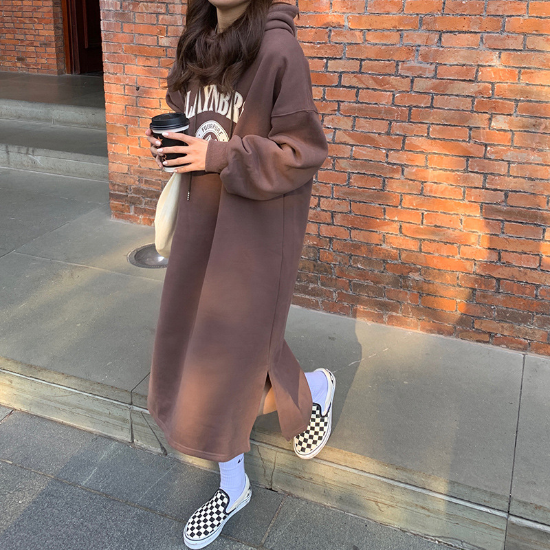 原宿风中长款卫衣女ins韩版条纹长袖连衣裙冬季韩版宽松显瘦加绒