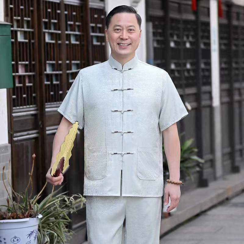 唐装男短袖套装夏季中老年男装爷爷中国风爸爸装老年人汉服衣服夏 莎丞图片