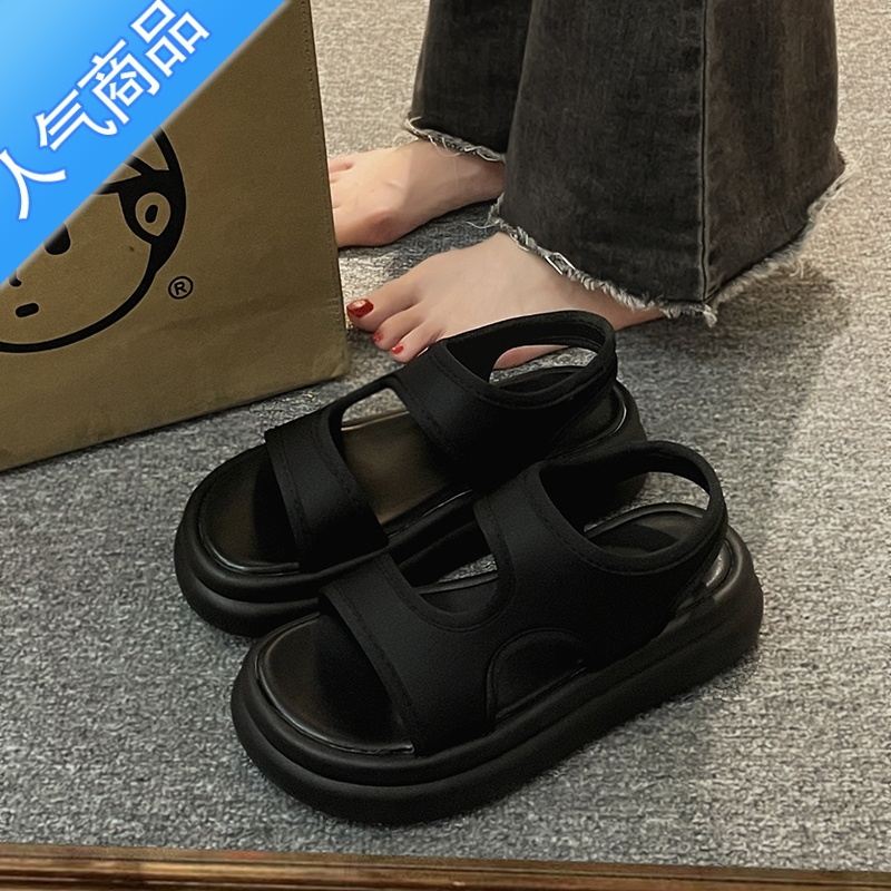 suntek厚底运动凉鞋女2023夏季新款厚底休闲软底沙滩凉鞋黑色女款