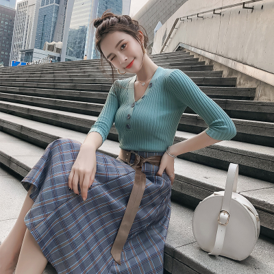 【秀衣记】秋装2019新款女初恋复古中长款针织连衣裙半身裙两件套