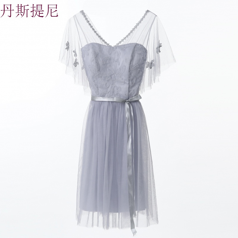 伴娘服短款2018新款姐妹团连衣裙学生表演聚会灰色大码显瘦晚礼服
