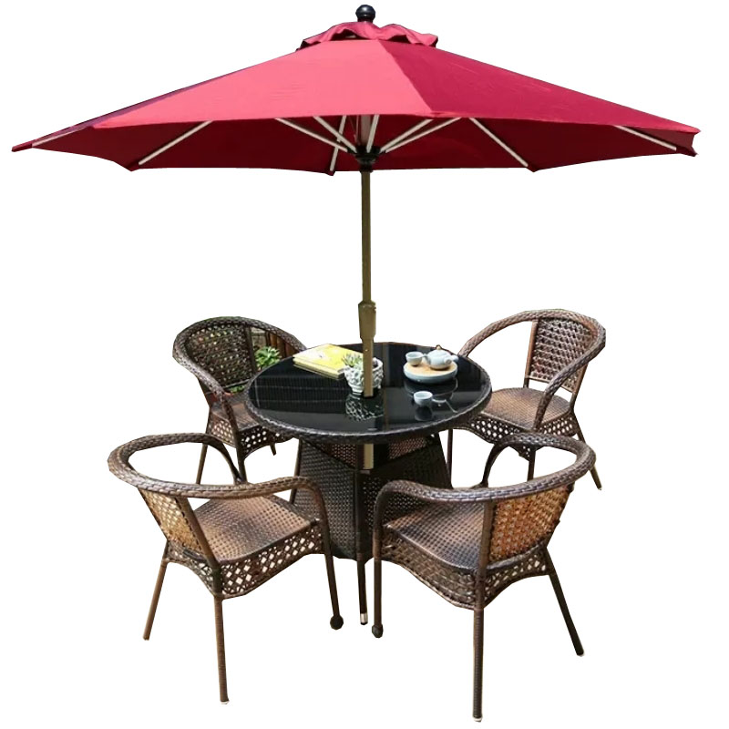 锦北 藤椅阳台桌椅庭院藤编椅子花园茶几藤椅组合 4椅+90圆桌+中柱伞