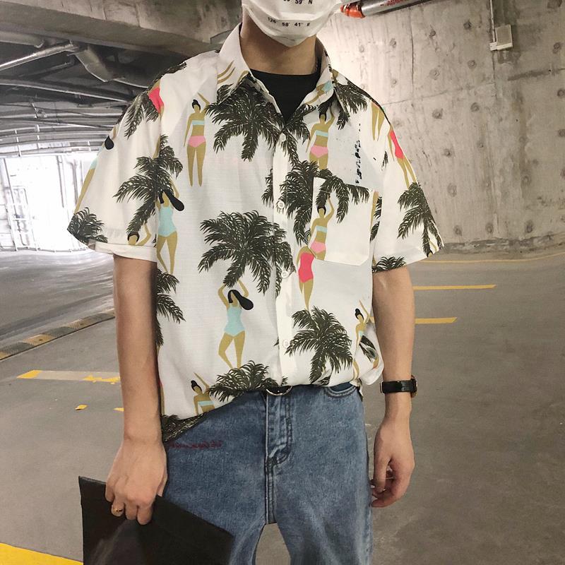 夏季个性印花人物百搭森系花衬衫男士短袖夏日夏威夷男装衬衣寸衫