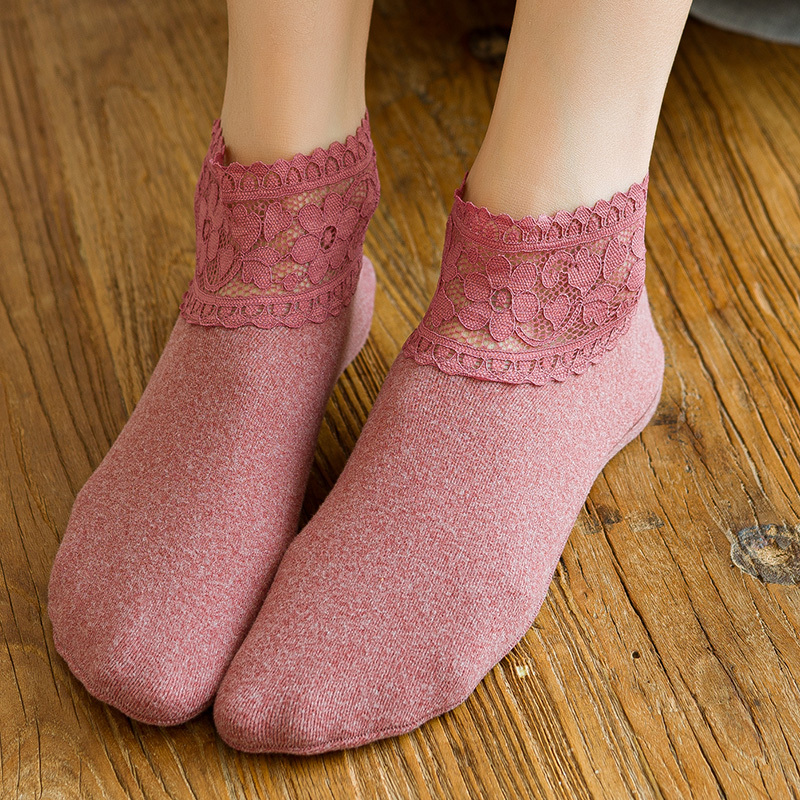 袜子女绒袜秋冬季加厚短袜保暖镂空小花蕾丝花边加绒地板袜袜子