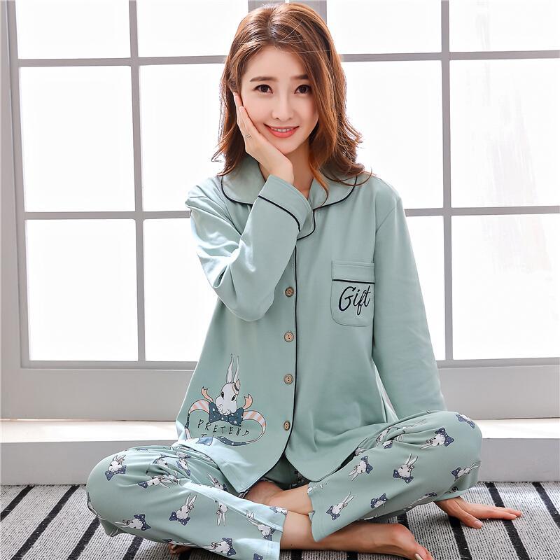 睡衣女春秋纯棉长袖韩版甜美可爱宽松大码薄款开衫女士家居服套装