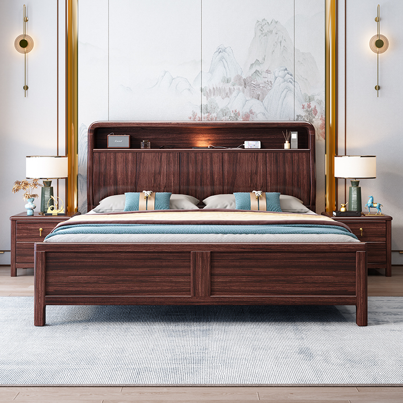 青木川 新中式乌金木床1.5米单人床1.8米双人床主卧室家具房间大床酒店别墅舒适结婚成人婚床床架子床铺高清大图