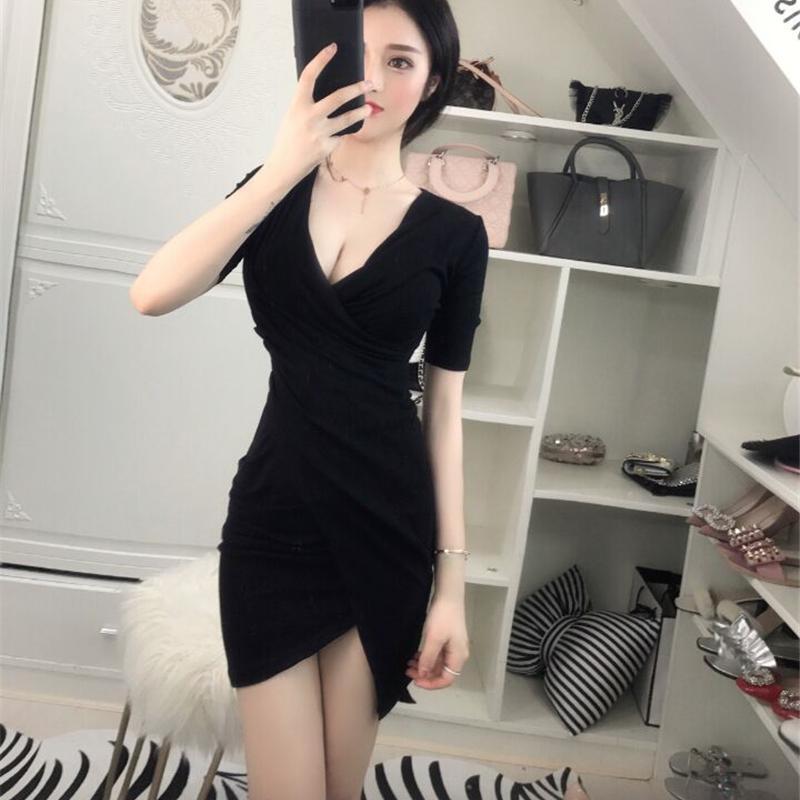 性感夜店女装深v领低胸短袖修身显瘦包臀裙女2018夏季连衣裙
