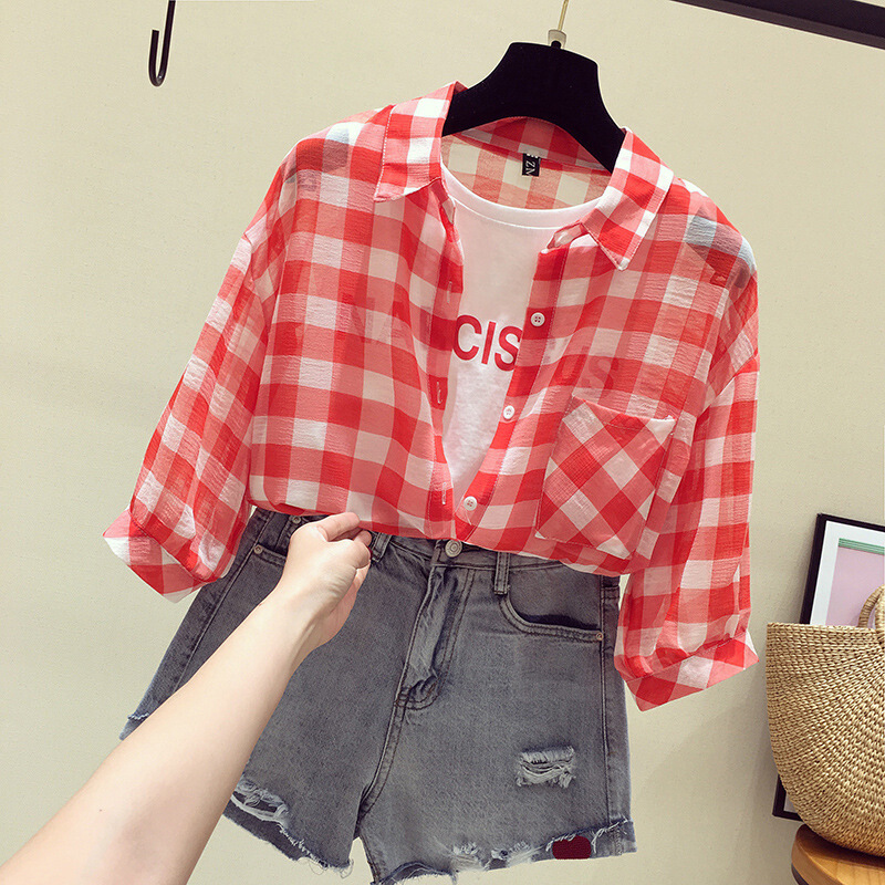 红色格子衬衫女短袖2018新款夏季韩范假两件衬衣ins超火的上衣潮