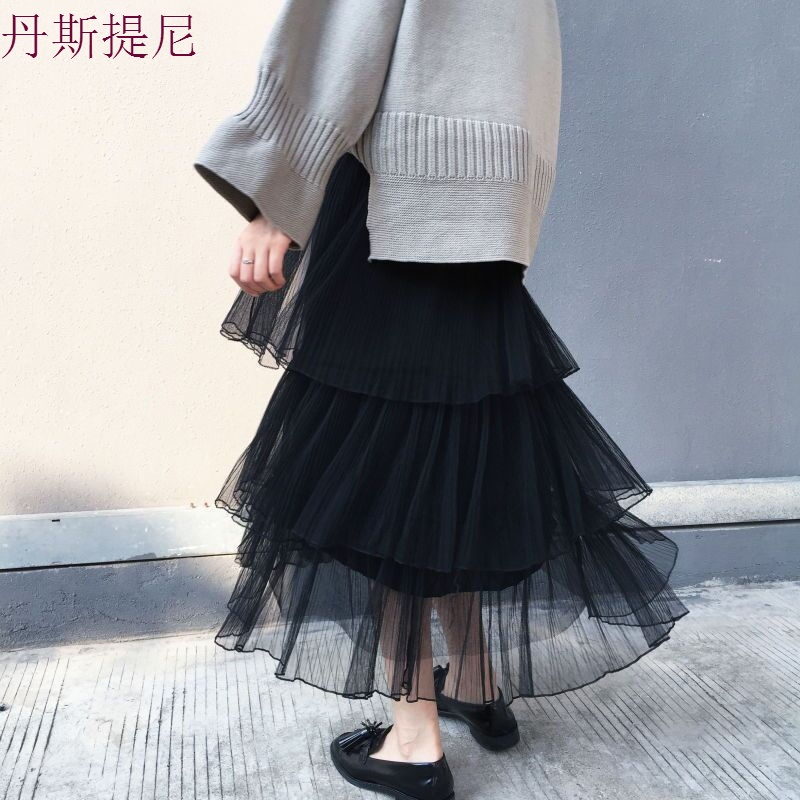 裙子女2018韩版春秋季高腰网纱蓬蓬裙裙中长款纱裙半身裙