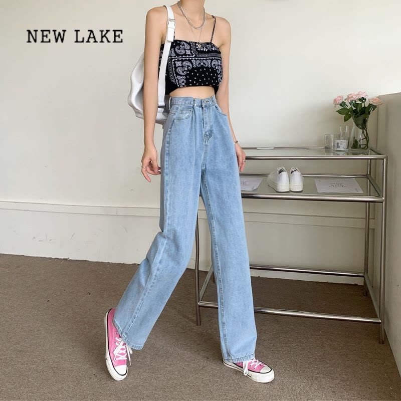 NEW LAKE夏季小个子高腰白色牛仔裤女装美式垂感阔腿长裤粉色直筒裤子薄款图片