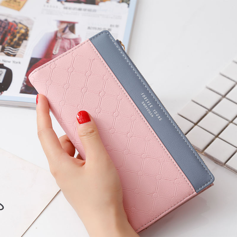 派尼美特女士长款钱包韩版流苏拉链多卡位拼接短款拉链女钱包格子纹零