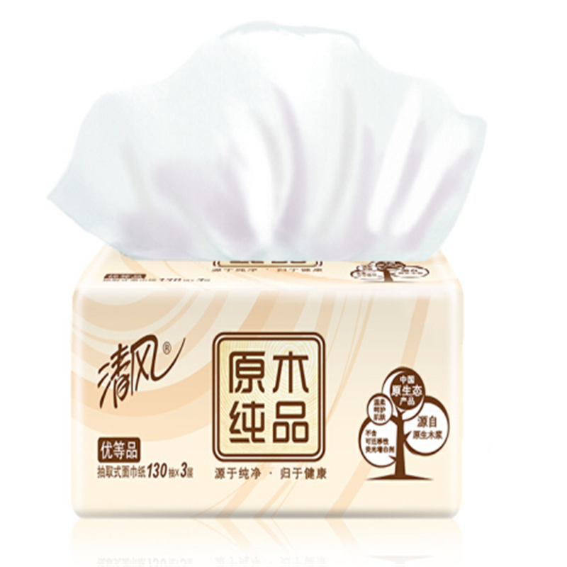 清风 Breeze 原木纯品 小规格抽取式面巾纸 三层 BR83ATO 130抽/包 6包/提 4提/箱