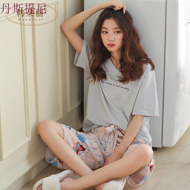 短袖短裤睡衣女夏季纯棉韩版清新学生两件套装大码宽松家居服薄款