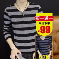 【买一送一99元两件装】古仕卡特GUSSKATER长袖T恤男2018秋新款条纹休闲宽松V领T恤男装上衣打底衫[【GPF】