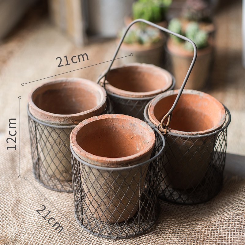 家柏饰(CORATED)泥苔红陶花盆 铁线提篮装饰收纳 花器杂货花园庭院阳台高清大图