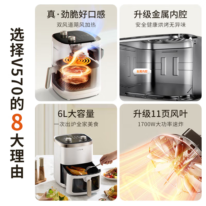 九阳(Joyoung)空气炸锅家用定时控温多用途锅不粘内胆易清洗薯条机电烤锅大容量 KL60-V570 台高清大图