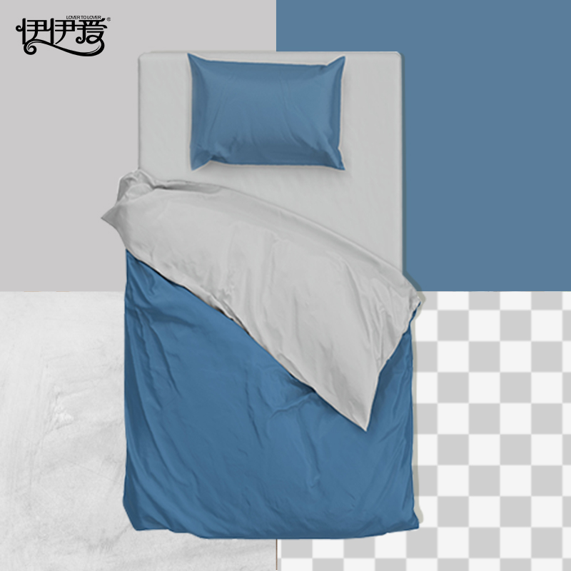 伊伊爱 纯棉纯色深海蓝浅灰三件套高清大图