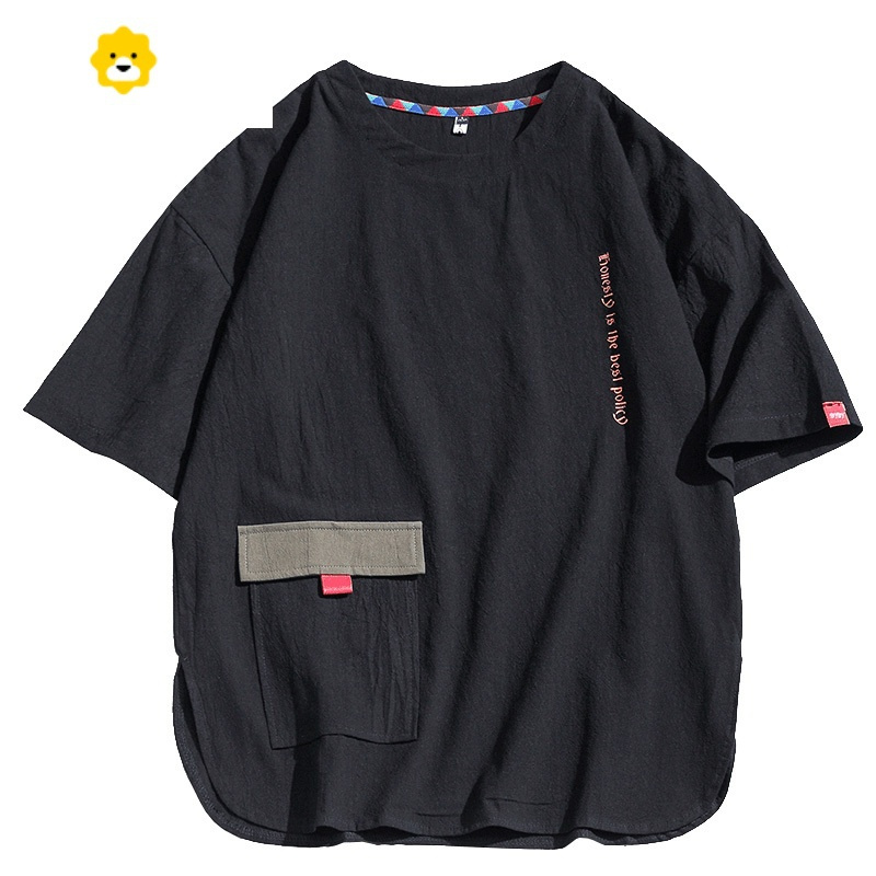 fishbasket工装短袖t恤男士宽松日系亚麻棉麻体恤冰丝衣服夏季薄款大