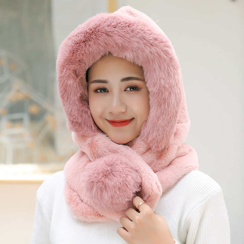 雷锋帽子女围巾帽子一体秋冬季围脖帽保暖抗寒加厚韩版套头帽妈妈 皮紫