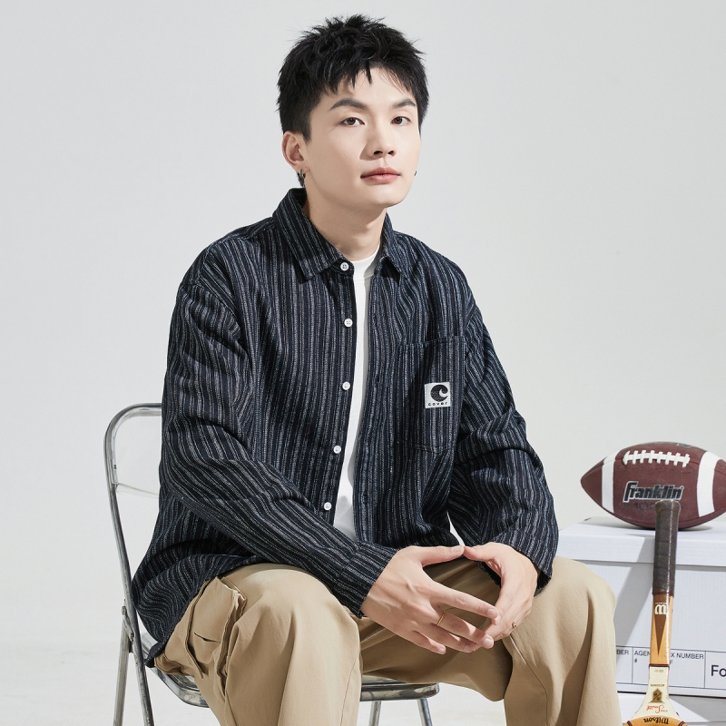 [2.5折价120元]唐狮秋季新款男翻领长袖牛仔衬衫条纹工装口袋印花衬衣外套潮