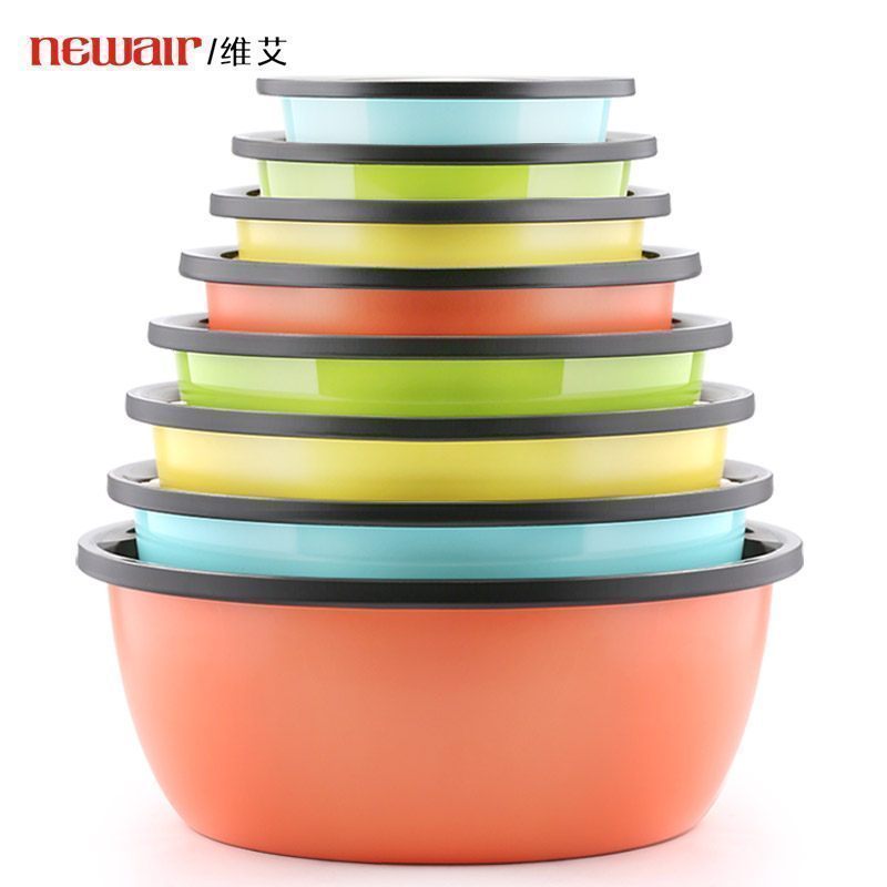 美帮汇304不锈钢盆子套装加厚圆形家用厨房打蛋和面淘米洗菜汤盆 304不锈钢盆-8件套装