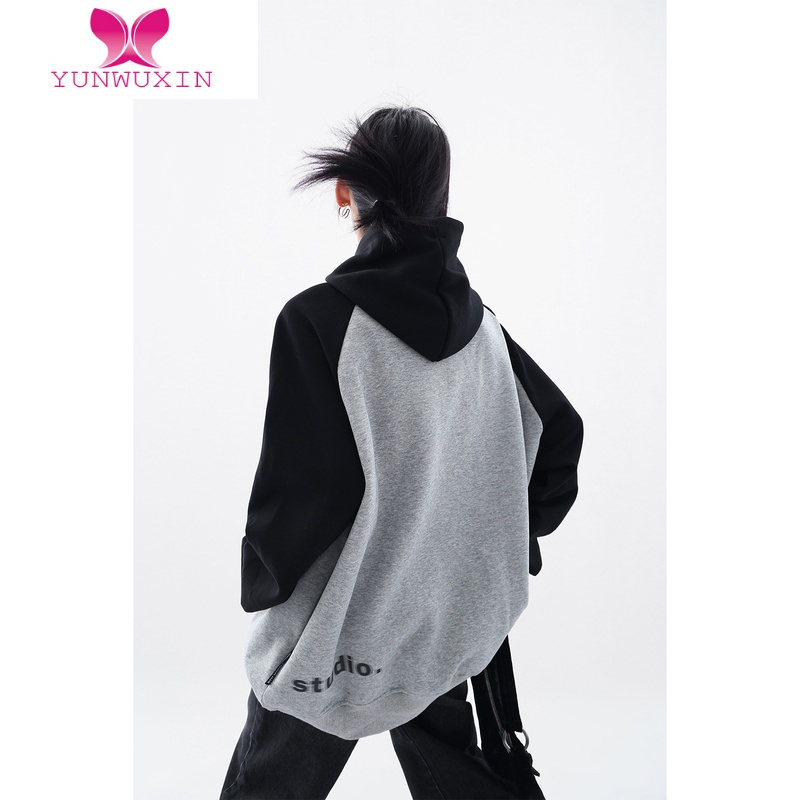 YUNWUXINAce撞色插肩袖连帽卫衣女宽松显瘦2022秋新款百搭潮牌上衣