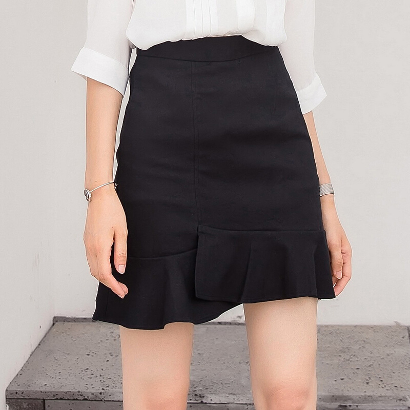 高腰裙子黑色不规则荷叶边半身裙包臀裙鱼尾裙牛仔短裙女春黑色