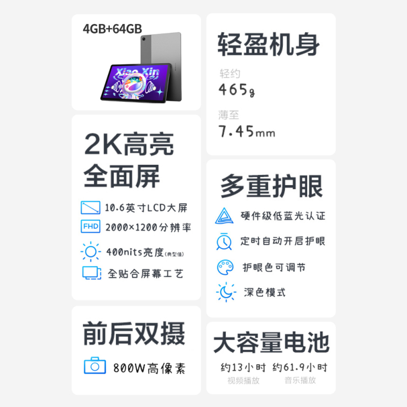 联想平板小新Pad 2022 10.6英寸 学习办公娱乐影音平板电脑 莱茵低蓝光护眼 学习模式 2k全面屏 4GB+64GB WIFI 深空灰