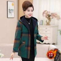 迪鲁奥（DILUAO)轻奢品质中老年女装秋冬款格子毛呢外套女2019新款妈妈装冬季连帽呢子大衣_939 绿色加棉 XL