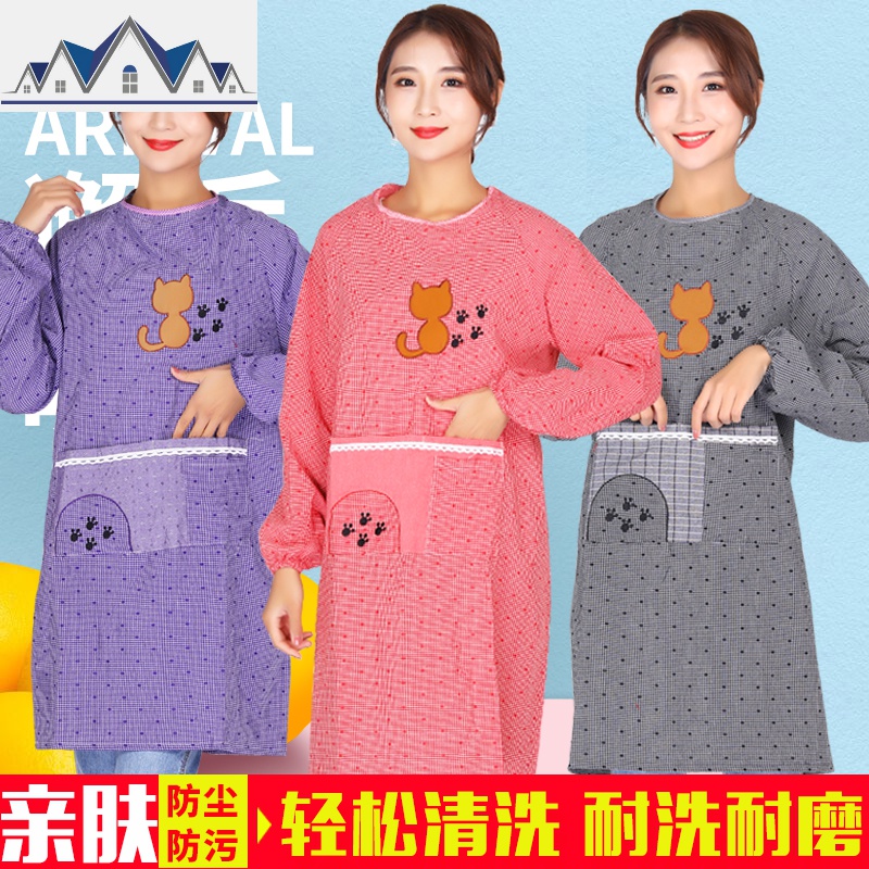 棉围裙长袖罩衣韩版时尚防油防污可爱成人厨房围裙罩衣反穿衣女 三维工匠高清大图