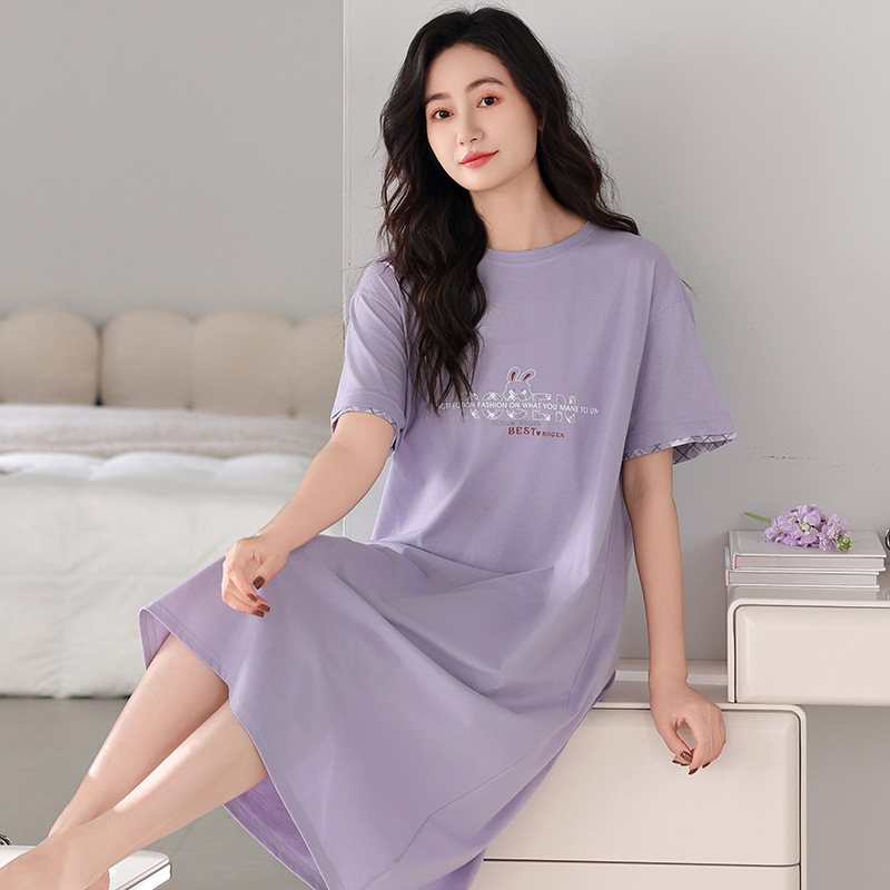 睡衣女夏季薄款纯棉短袖睡裙韩版可爱卡通全棉休闲家居服