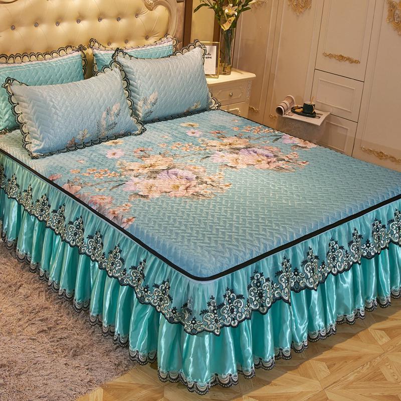 家柏饰(CORATED)床裙冰丝凉席三件套1.8m床折叠夏天空调席可水机洗床笠床罩软席子 MY:香水百合 2.0m（6.6英尺）床