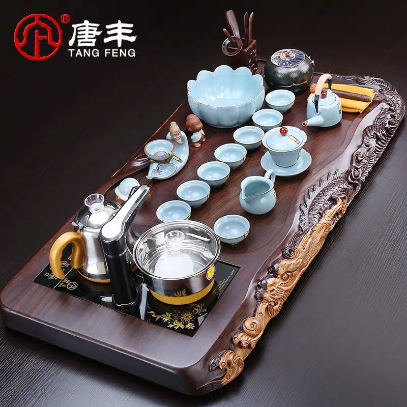 还真大号正版黑檀木半手工雕刻茶盘 功夫茶茶具套装 全自动电热炉套装