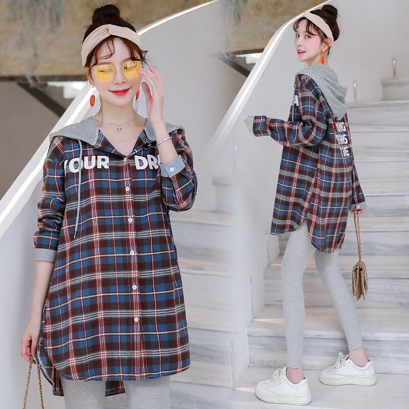 迪鲁奥(DILUAO)孕妇装秋装棉质长袖衬衣格子外穿秋装新款中长款连帽上衣外套怀孕期图片