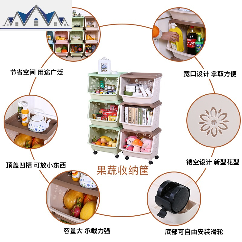 厨房置物架水果蔬菜收纳筐菜篮子移动收纳篮塑料杂物筐多层 三维工匠