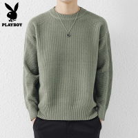 花花公子圆领毛衣男士针织衫潮流绿色内搭上衣秋冬季宽松打底线衣
