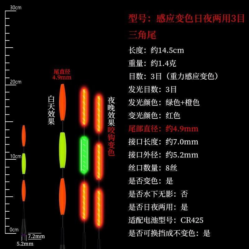 变色日夜两用短3目 1支漂尾(无漂身无电 日夜两用改装冷光尾电子漂尾配件换尾夜光漂尾配件钓鱼通用加粗
