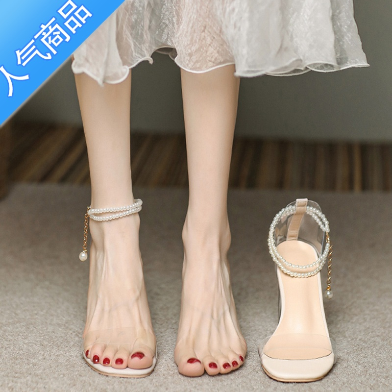 SUNTEK法式气质珍珠凉鞋女夏季粗跟水晶鞋温柔仙女风伴娘鞋不累脚高跟鞋