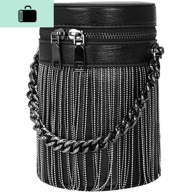 迷你流苏圆筒女包2020新款小众百搭单肩包斜挎包时尚手提水桶包潮NEW LAKE 黑色女士单肩包图片