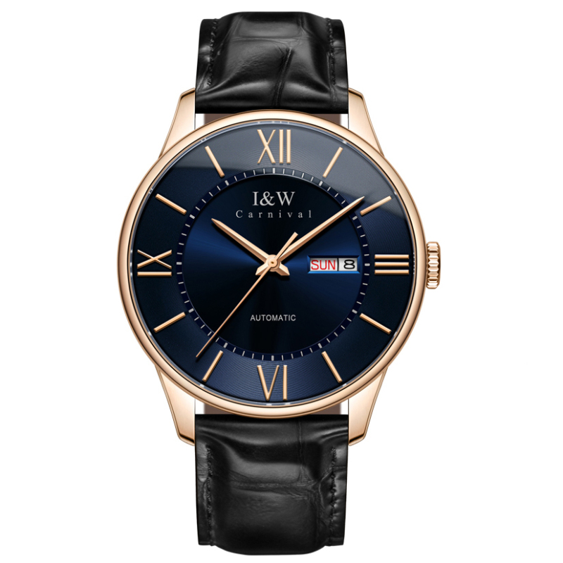 瑞士爱沃驰I&W CARNIVAL镂空全自动机械表 男士手表进口机芯男表纤薄真皮防水双日历腕表蓝宝石镜面8515G高清大图