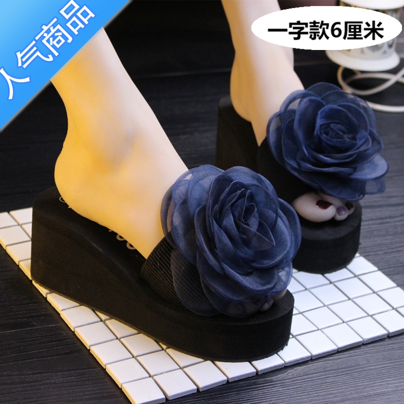 SUNTEK沙滩鞋女夏季拖鞋女外穿韩版花朵高跟一字拖女厚底坡跟防滑凉拖鞋高清大图