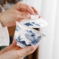 金镶玉功夫茶具套装 茶壶茶杯陶瓷送礼品盒高档 手绘青山碧水茶具