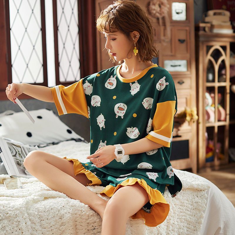 波迷娜(BOMINA)睡衣女夏季棉质短袖卡通清新学生两件套女士花边家居服 CDX2426
